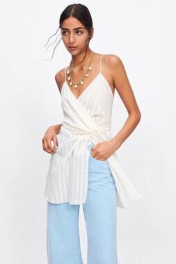 Zara Cream Striped Sleeveless V Neck Knot Cami Sheath Tunic Top Dress Size S
